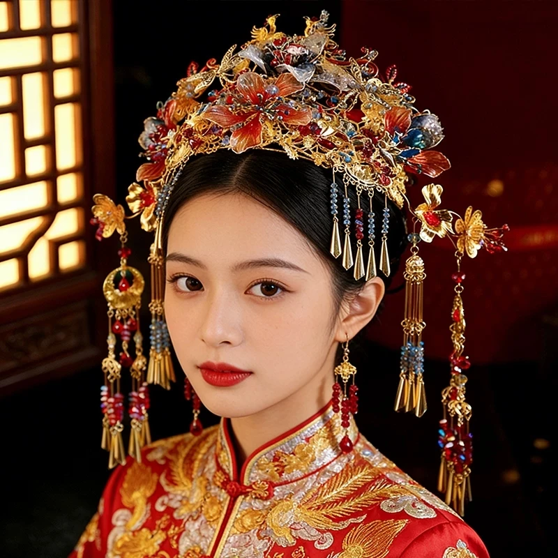 Red Golden Luxury Floral Large Phoenix Hair Crown Chinese Wedding Xiuhe Dragon And Phoenix Headdress for Brides