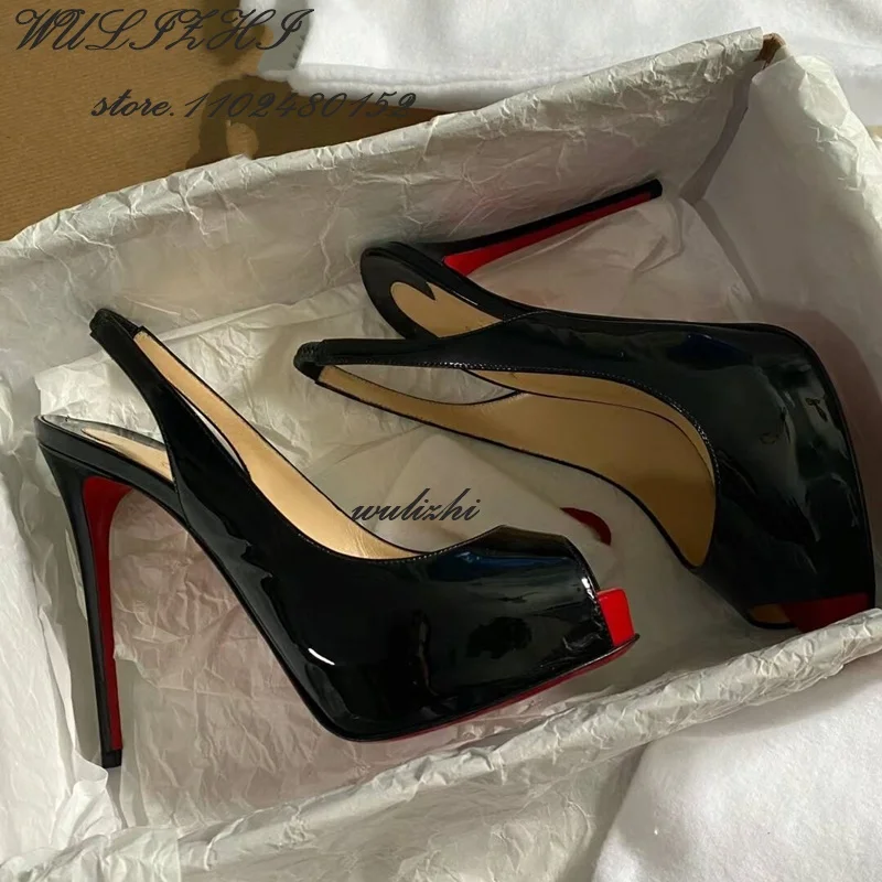 Sexy Peep Toe Black Patent Leather Heels Woman Open 12Cm Sandals Part Hand Bag Sloping Cross Pointed Heels Elegant Catwalk Shoes