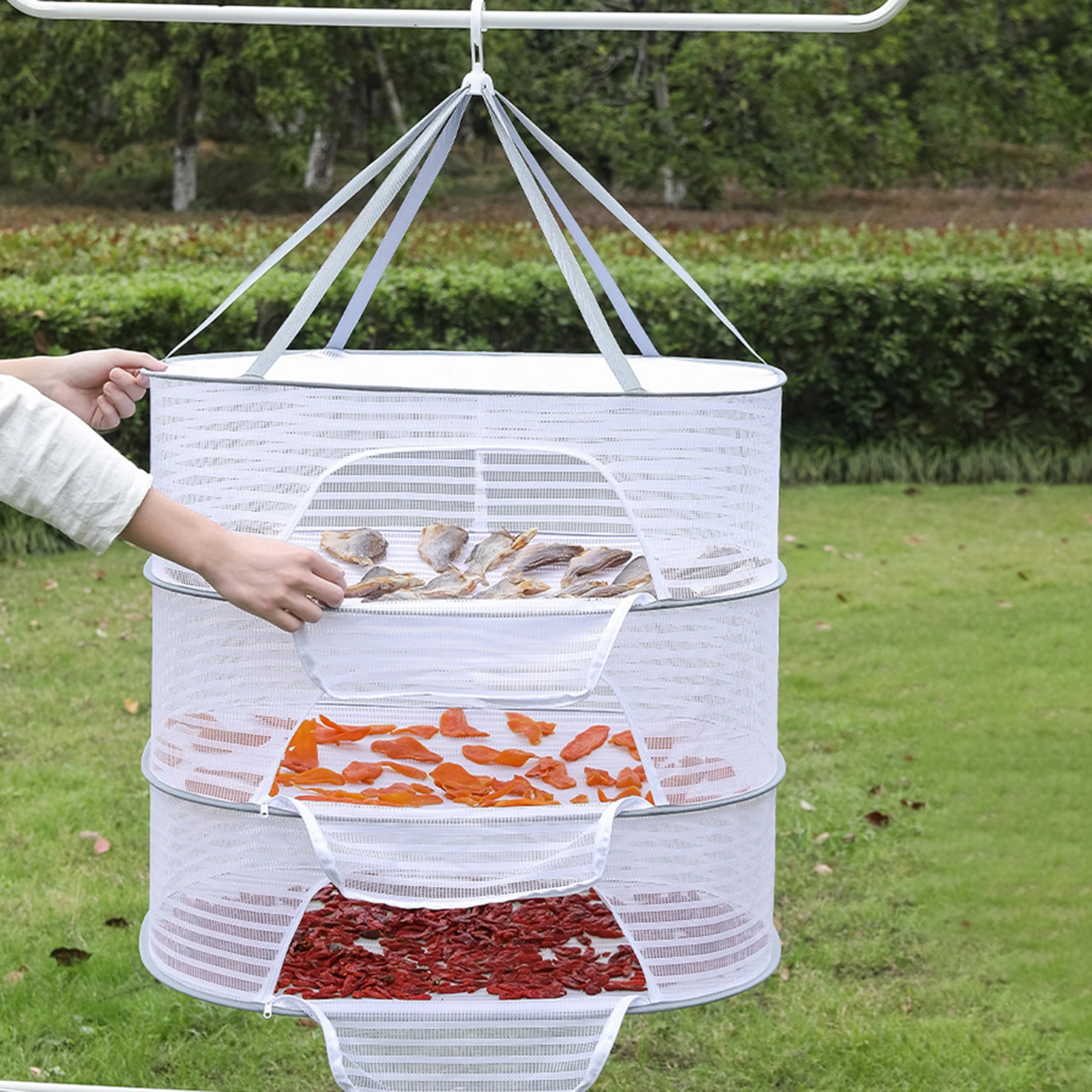 

4 Tier Folding Mesh Clothes with Zipper Hanging Dryer Lay Flat Herb Rack for Home Outdoor Clothes Swimsuit Doll Vegetables Fish