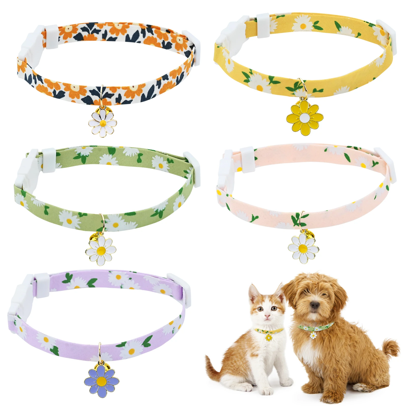 5 Pcs Cat Collar, Cat Safety Collar with Elastic Strap, Kitten Collar for Cat with Bell Black Blue Red Orange Lime Green ﻿\