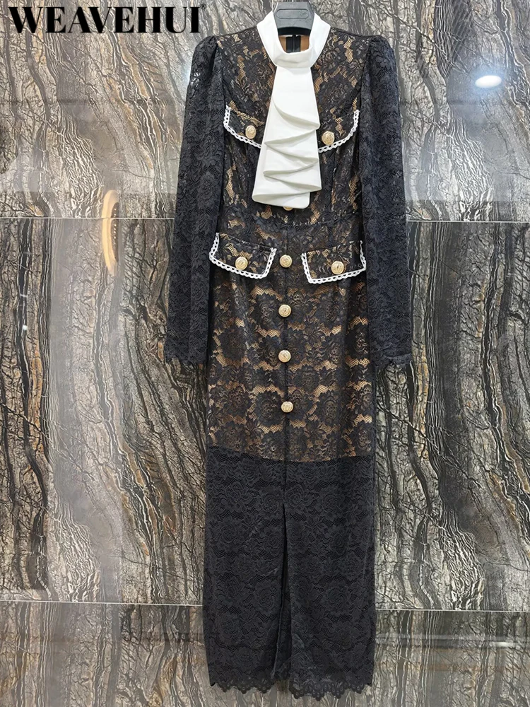 WEAVEHUI Women New model O-Neck Long-sleeved Buttons Splice Lace Design Spring Summer High Street Slim Slit Exquisite Dresses