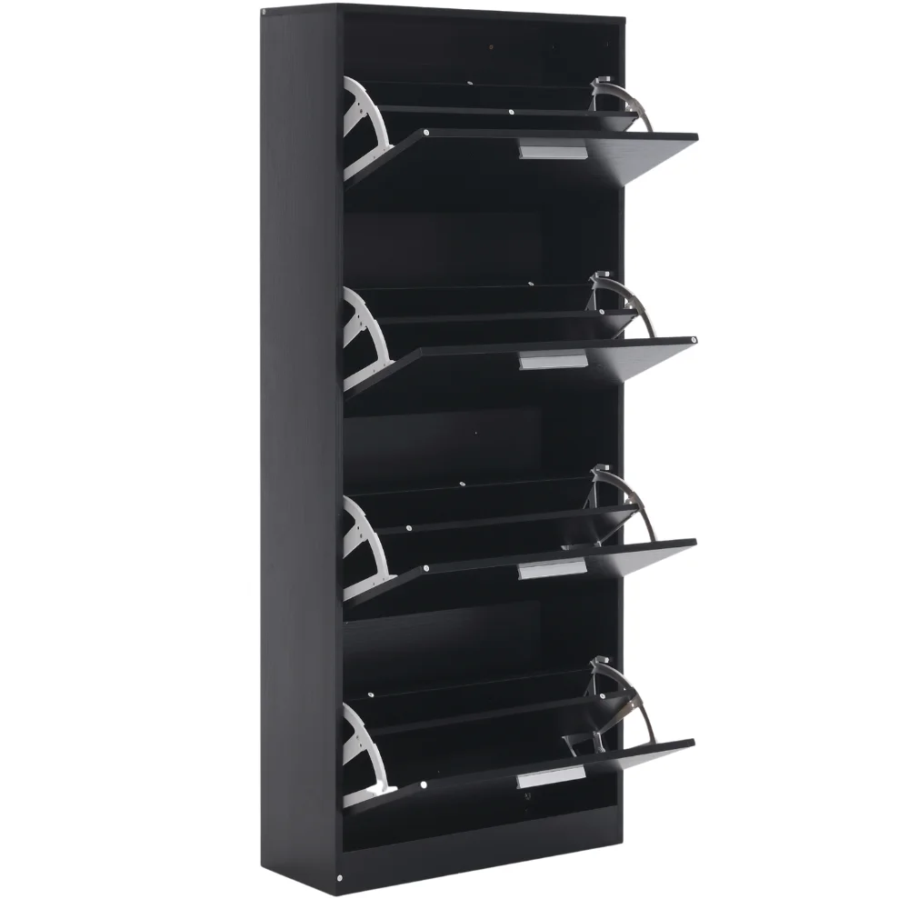 Étagère à chaussures peu encombrante 4-Ante Balm Double, armoire d'entrée fine en bois MDF, armoire design moderne, porte à chaussures 63x24x155h cm-noir