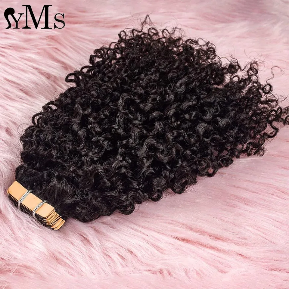 Sassy 3C4A Burmese Curly Tape In Human Hair Extensions For Women YMS Curly Pu Tape Ins Hair Adhesive Invisible Bundles Full Head