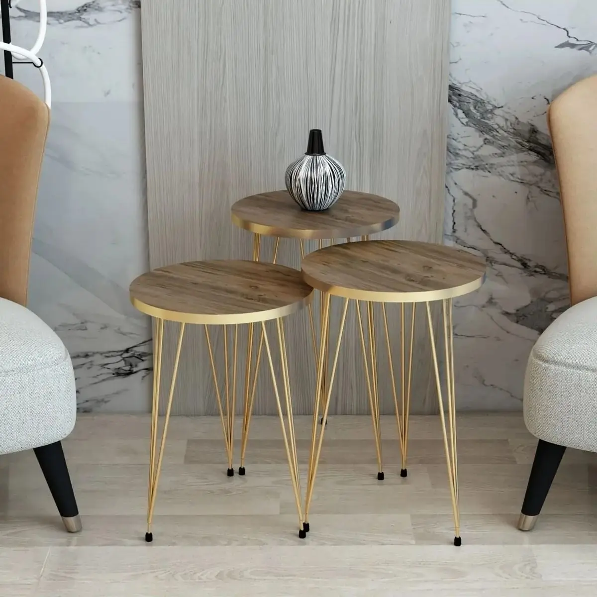 Modern Marble Nesting Tables Set of 3 Metal Gold Leg Service Tables 3Pcs Round Coffee Tables for Living Room Bedroom Furniture