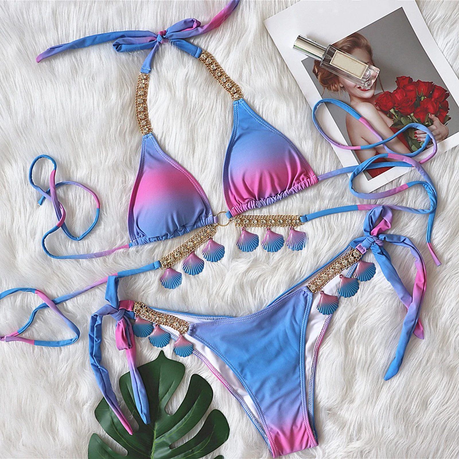 المرأة بيكيني مجموعة حجر الراين شل سلسلة رفع مثلث الرسن الرقبة Tankini الرسن سلسلة قطعتين لباس سباحة ثونغ