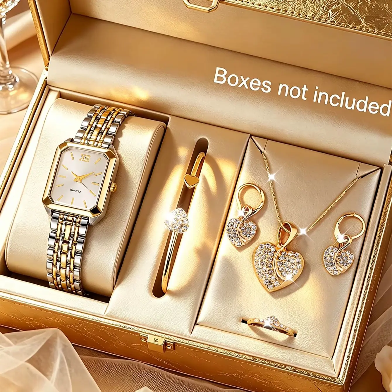 6-Piece Set, New Style Women's Square Watch, Small Dial Wristwatch, Vintage Style Chain Quartz Women's Watch, Paired with a Heart Series Jewelry Set, a Suitable Choice for Gifting