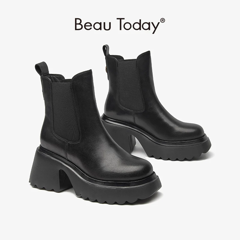 

BeauToday Chelsea Ankle Boots Women Genuine Calfskin Round Toe Elastic Band Platform High Heel Female Shoes Handmade 03A39