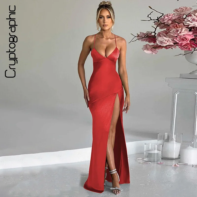 Kryptograficzny Spaghetti pasek Slip Maxi sukienka stroje klubowe dla kobiet z rozcięciem seksowny bandaż bez pleców eleganckie sukienki seksowna suknia nowe — zdjęcie 2