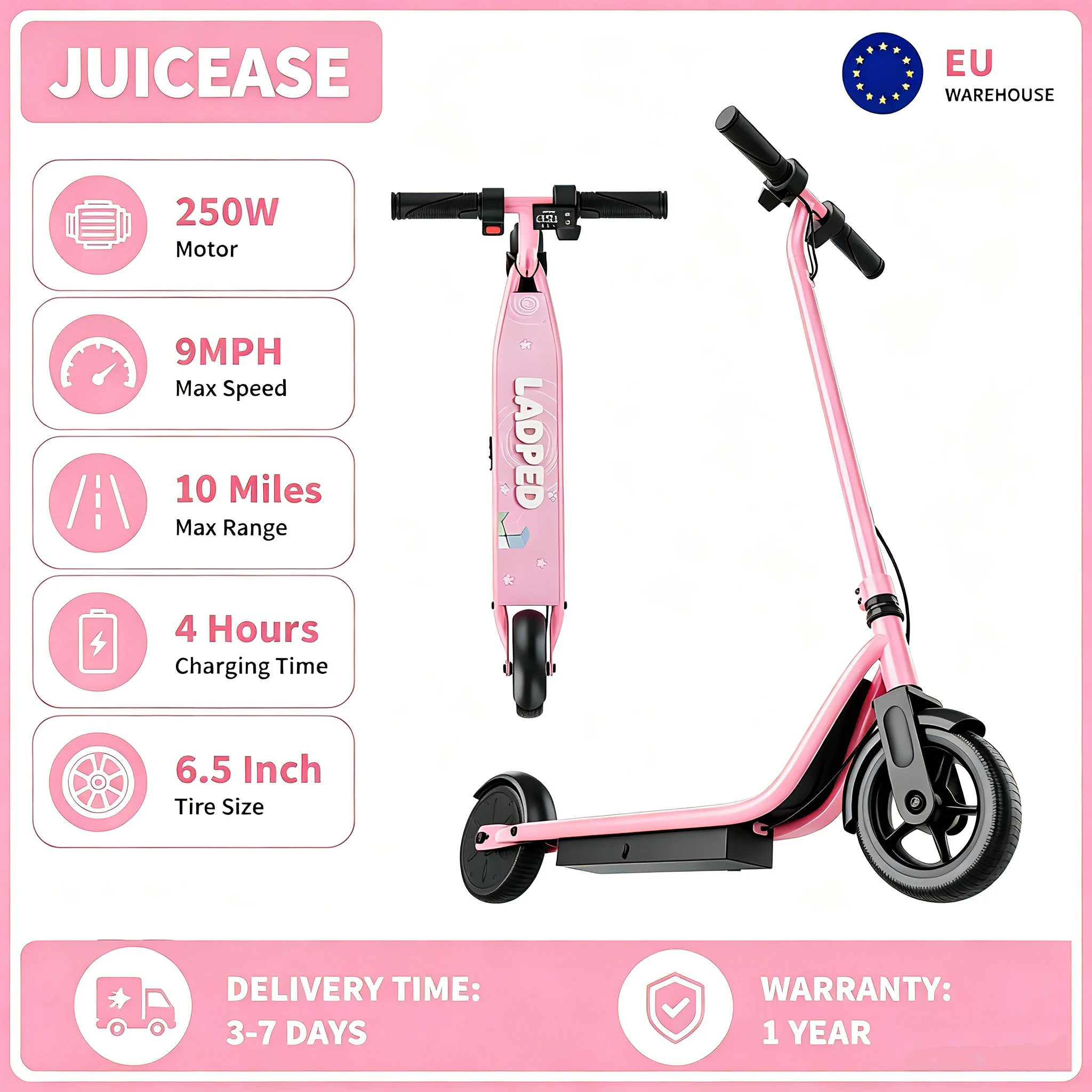 Trottinette électrique JUICEASE, moteur 250W, vitesse maximale 9 mph, trottinette électrique pliable, autonomie 12 miles, trottinette électrique pour enfants, a