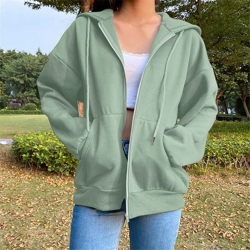 Autumn Solid Color Women Drawstring Sweatshirts Loose Long Sleeve Zipper Pockets Ladies Hoodies Comfortable Zip-up Street Coats