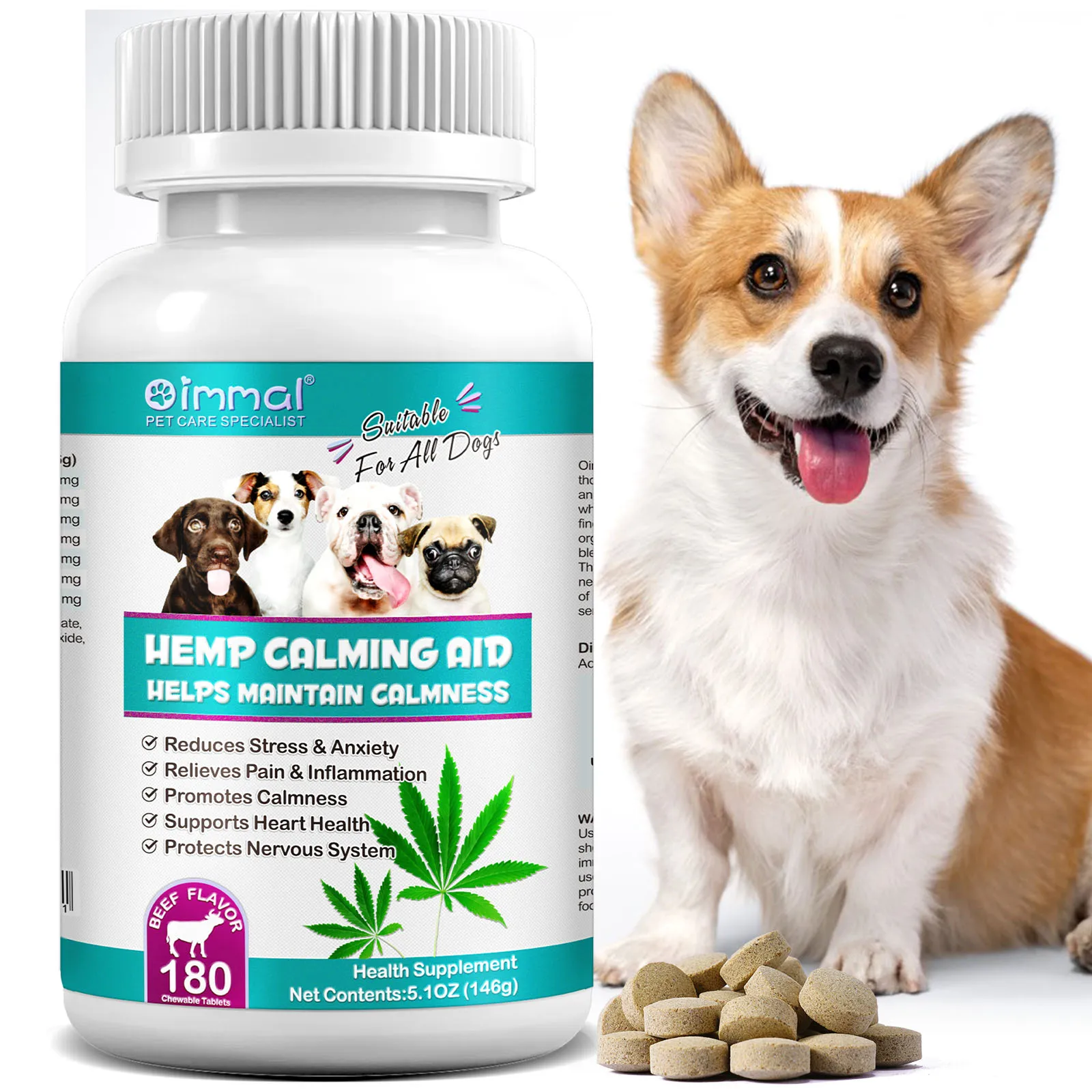 Dogs Calming Aid Tablets Promoting Calmness, Heart Health Nervous System Protection Easing Stress Anxiety Pain and Inflammation