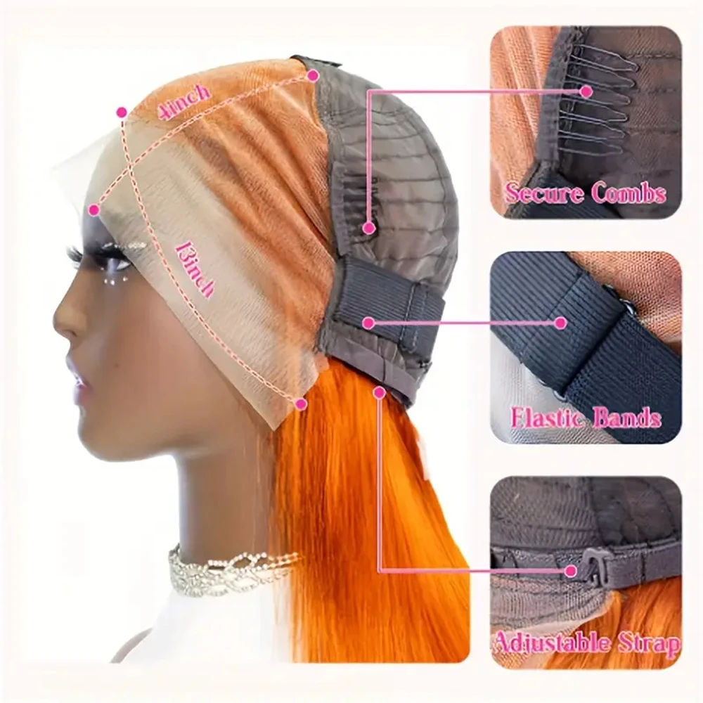 البرتقال الزنجبيل مستقيم قصير بوب شعر مستعار شعر الإنسان 13x4 الدانتيل الشفاف الباروكة الأمامية قبل قطعها 200% قصير مستقيم الزنجبيل بوب شعر مستعار