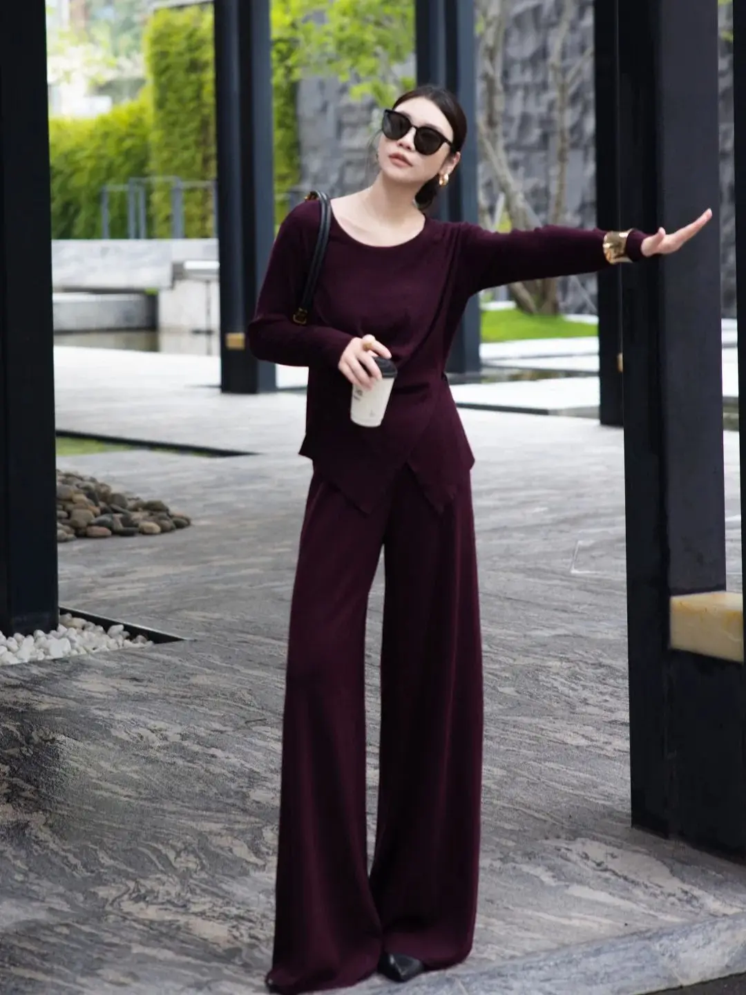 

Autumn women's solid color minimal wool knitted trouser suit