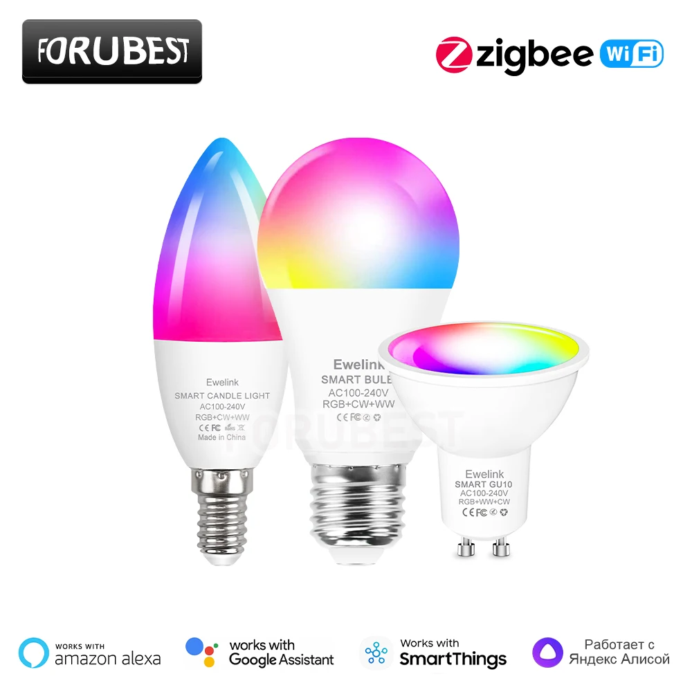 

Умная Светодиодная лампа Ewelink Zigbee с Wi-Fi, осветительный прибор с регулируемой яркостью, E27, E14, GU10, RGBCW, работает с приложением Alexa и Google