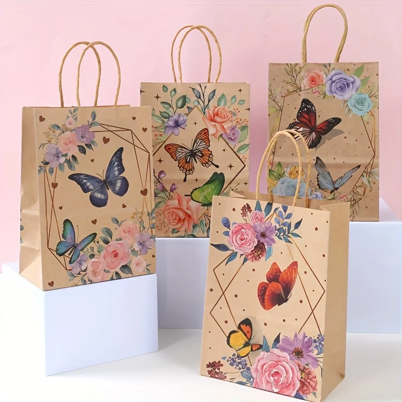 15-Piece Set of Vintage Butterfly Floral Kraft Paper Tote Bags, Available in Two Sizes, Printed Gift Paper Bags, Birthday Party Banquet Gift Packaging Tote Paper Bags