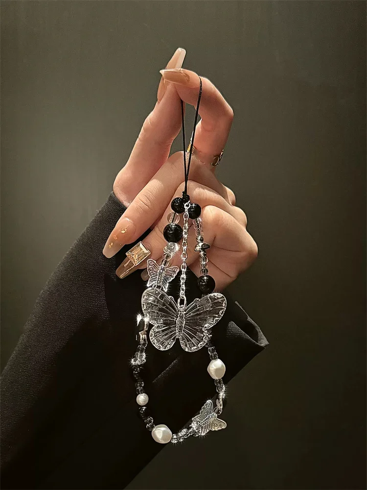 Y2K-Breloque pour sangle de téléphone portable, perle papillon transparente, lanière JOKnot, porte-clés, sac, appareil photo, pendentif nœud papillon pour couverture Airpods