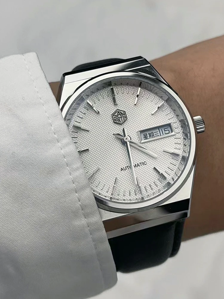 Zegarek męski San Martin 37mm Vintage Luxury Dress Watch ST2100 Automatyczny Mechaniczny Sportowy Biznesowy Zegarek z Szkłem Szafirowym i Okienkiem Daty i Dnia — 2