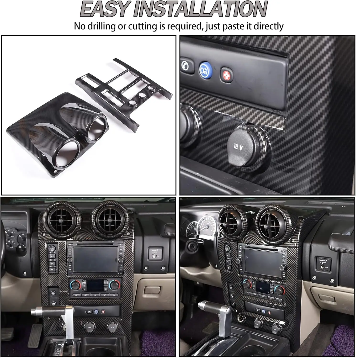 

ABS Carbon Center Console Panel Trim Cover For Hummer H2 2003-2007, Central Control Air Vent Frame Navigation Panel Trim