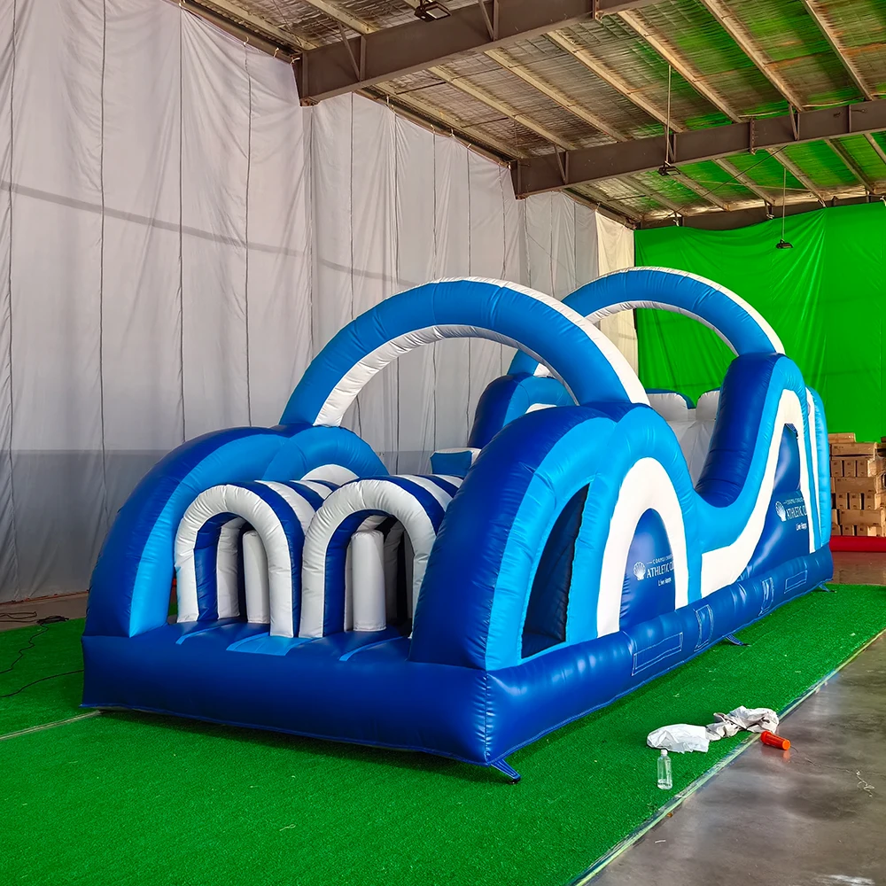 30ft/9m Green /Blue Giant Inflatable Radical Run Obstacle Course with Blower Commercial Grade Interactive Bounce House For Kids