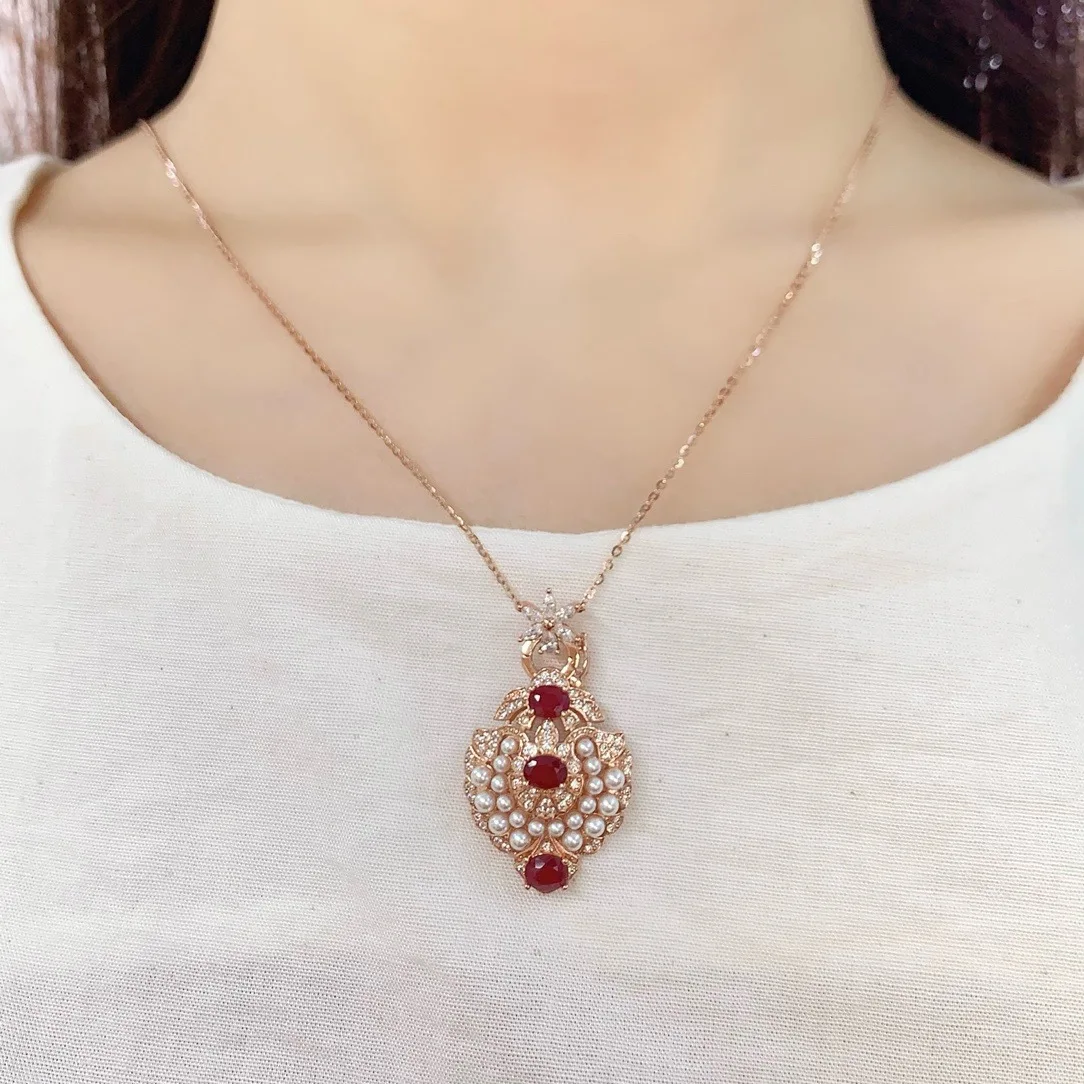 KJJEAXCMY Girls' Natural 5x4mm Ruby Pearl Necklace Pendant 925 Pure Silver Plated 18K Rose Gold Christmas Gift for Girlfriend