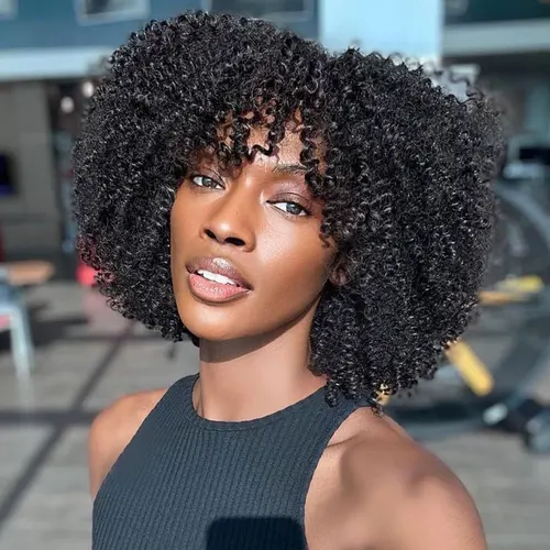 Imagen 2 del producto Pelucas de cabello humano rizado Afro corto para mujeres negras pelucas rizadas Afro con flequillo pelucas naturales baratas a máquina completa