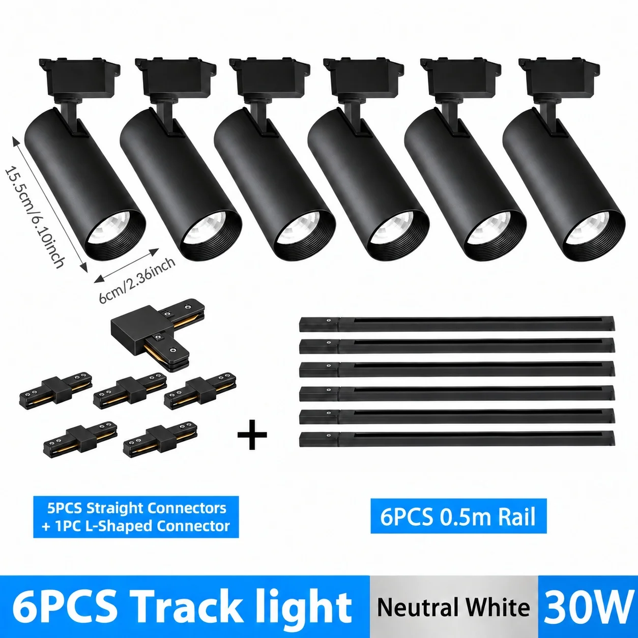 LED-spoorverlichtingsset, zwart, met 4 of 6 spots, inclusief 0,5 m lange rails en verbindingsstukken, 20W, 30W, 40W, plafondspoorverlichtingsset, 350. ° Verstelbaar