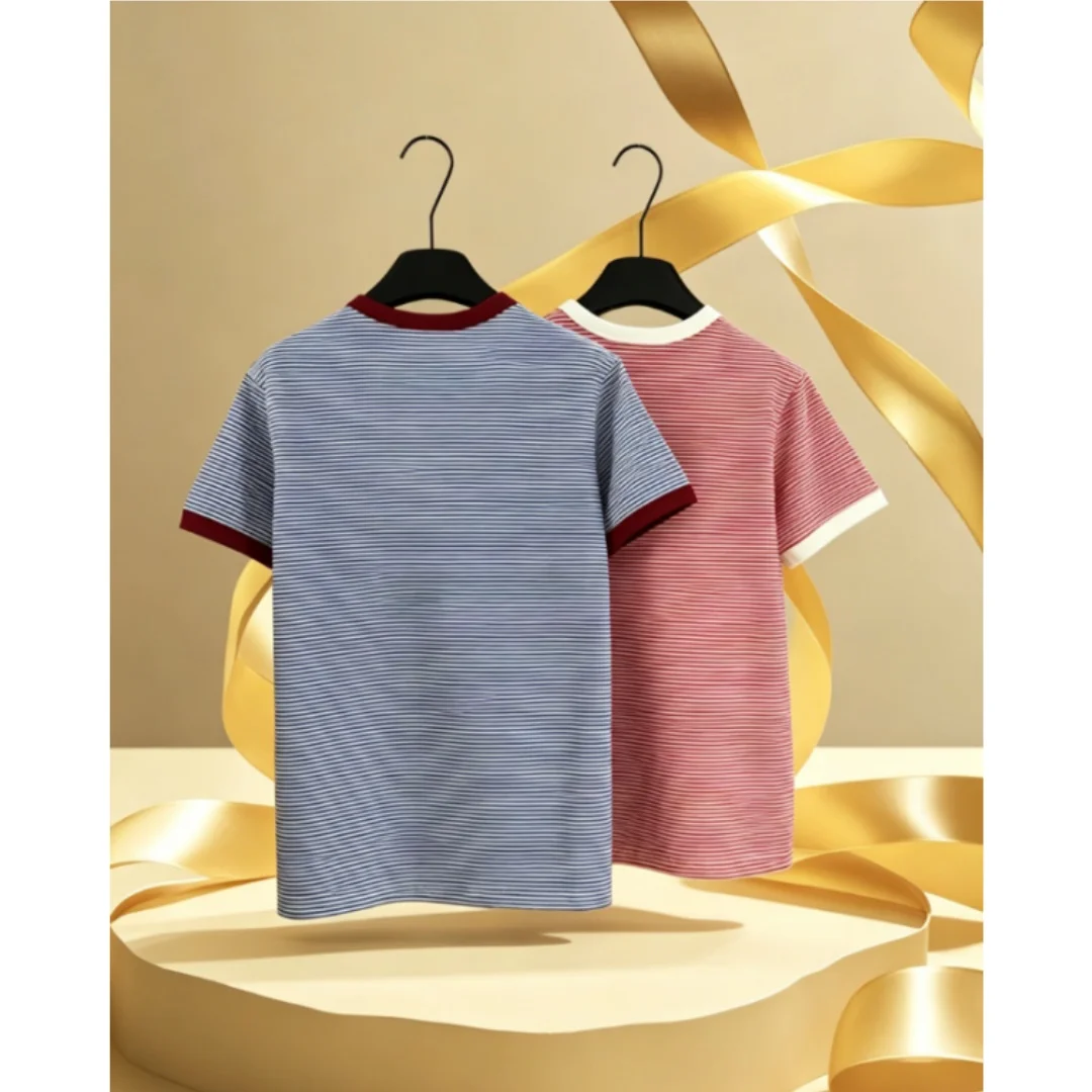 

Summer New Style Women's Fashionable Striped Stretch Color-blocked Hemmed Short-sleeved T-shirt