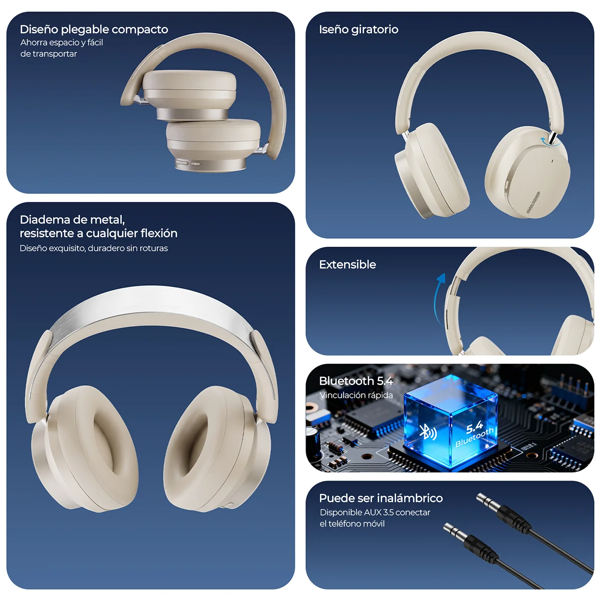 Auriculares Bluetooth 5.4 Inalámbricos de Diadema Plegables con Graves Profundos, Micrófono y 10 Horas de Batería
