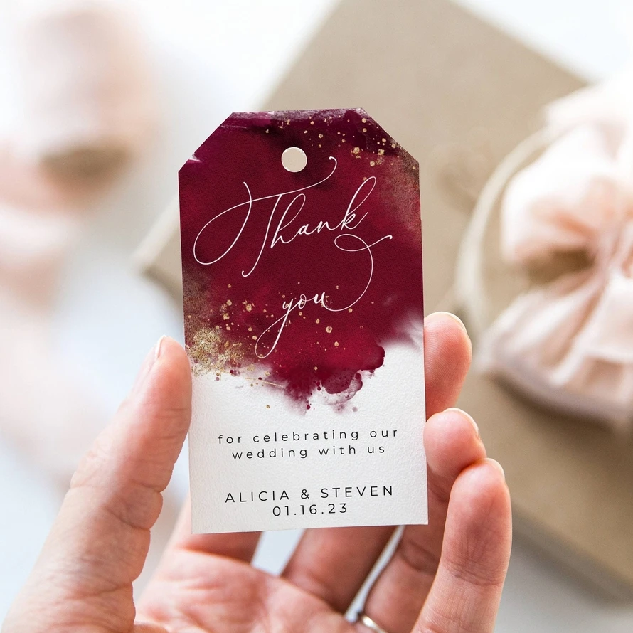 

50pcs Burgundy Watercolor Favor Tag Template, Printable Maroon & Gold Wedding Gift Tags, Editable Modern Thank You Tags