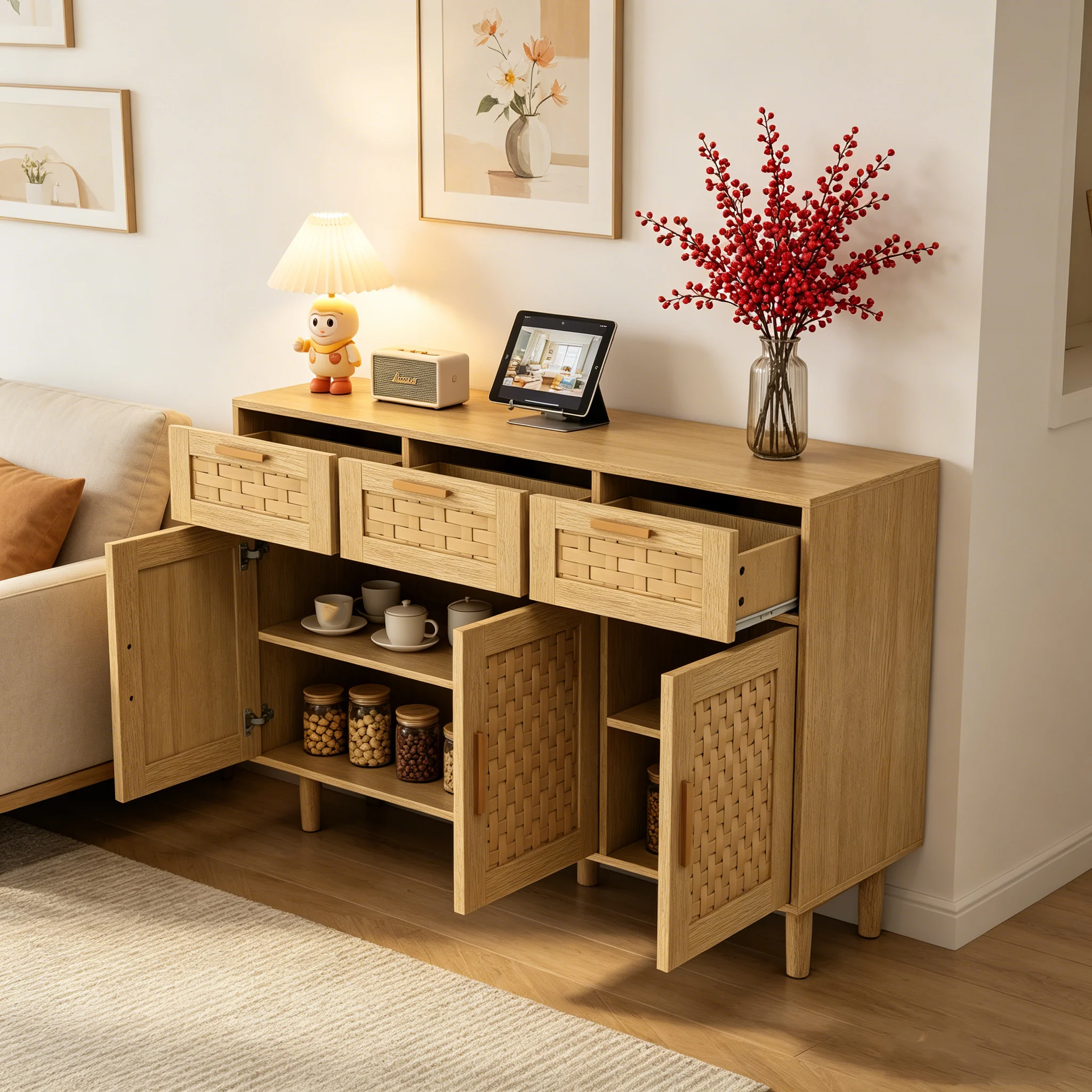 Superaly 108x40x80cm Rattan-Kommode mit 3 Türen und 3 Schubladen, PVC-Aufbewahrungsmöbel, Holz-Sideboard, Küchenschrank für Wohnzimmer, Eichenfarbe