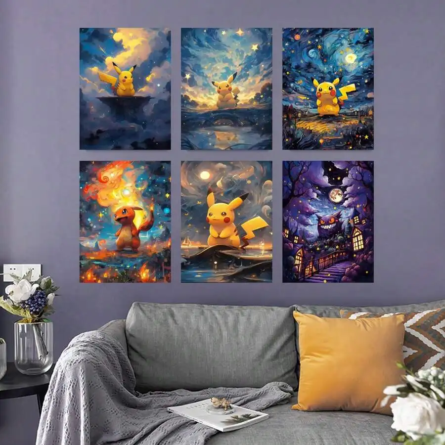 

Pokemon Cartoon Anime Posters Starry Pikachu Gengar Children's Room Wall Art Dormitory Bathroom Living Bedroom Home Decoration