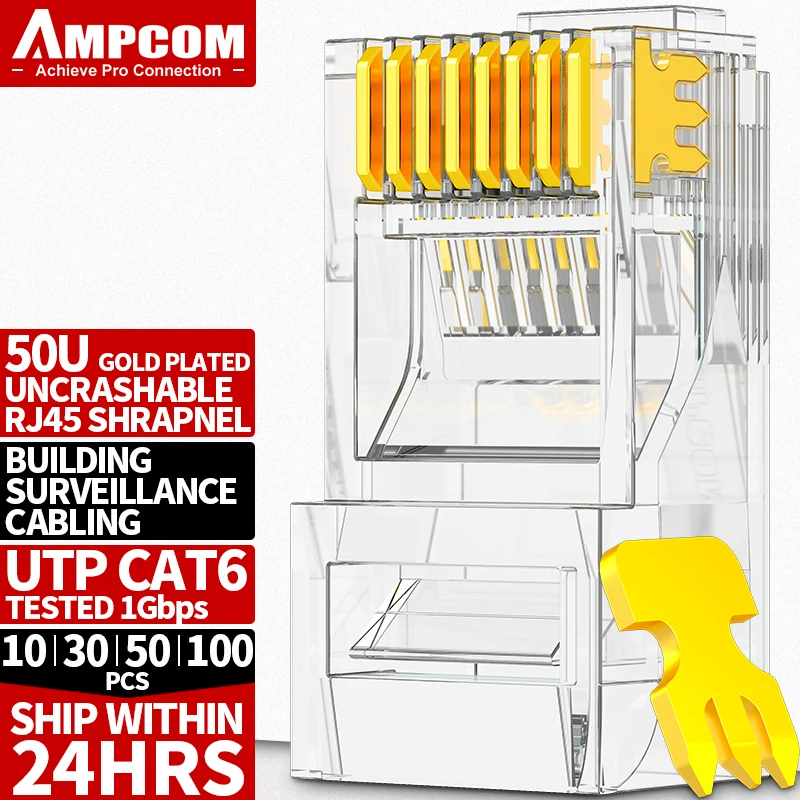 AMPCOM CAT6 RJ45 Modularer Steckverbinder UTP 50μ vergoldetes zweiteiliges 8P8C Crimp-End für Ethernet-Kabel, Bulk-Ethernet-Kabel