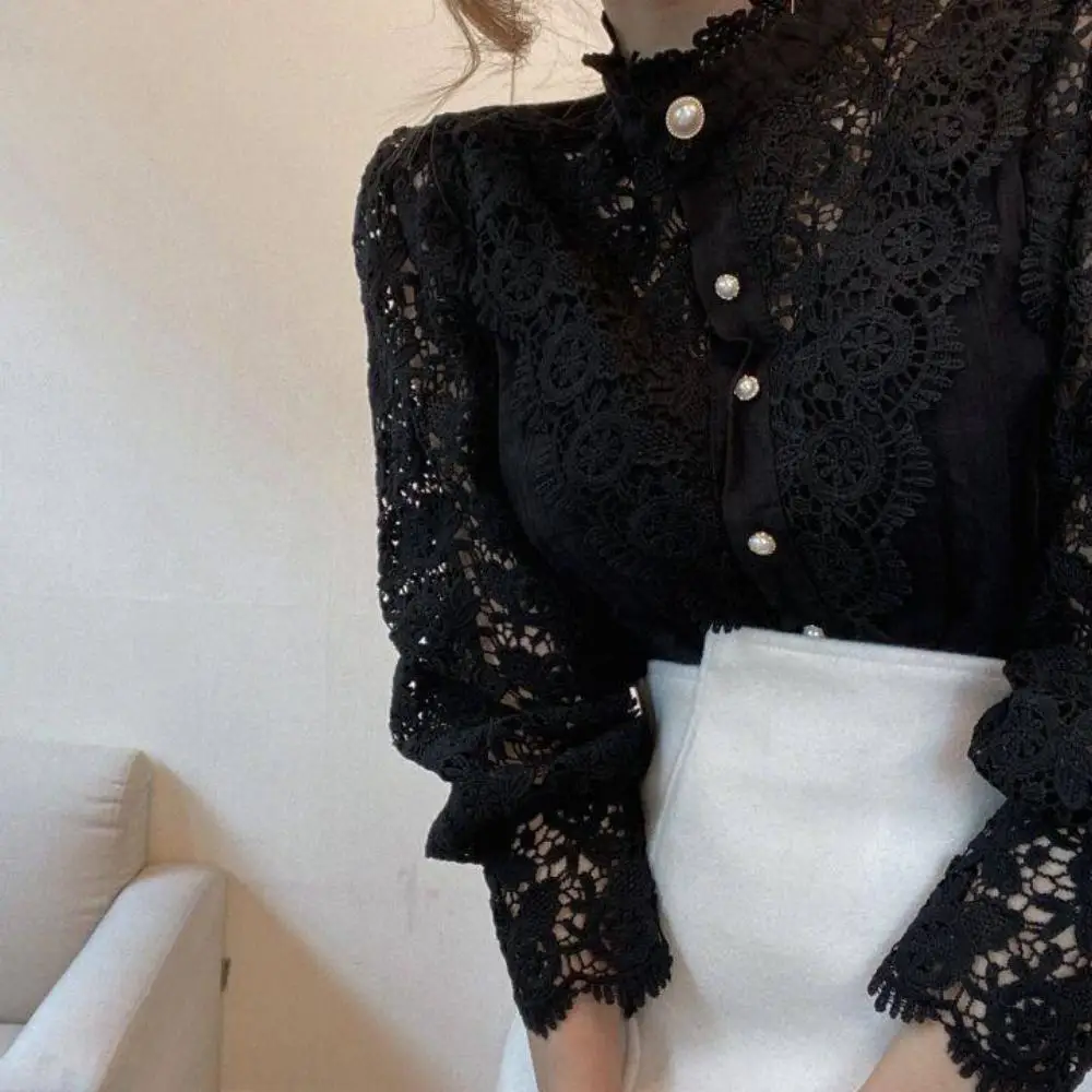 Women Vintage Lace Blouse Shirts Button Hollow Out Elegant Loose Tops Long Sleeve Autumn O-Neck Patchwork Shirt Female Clothing