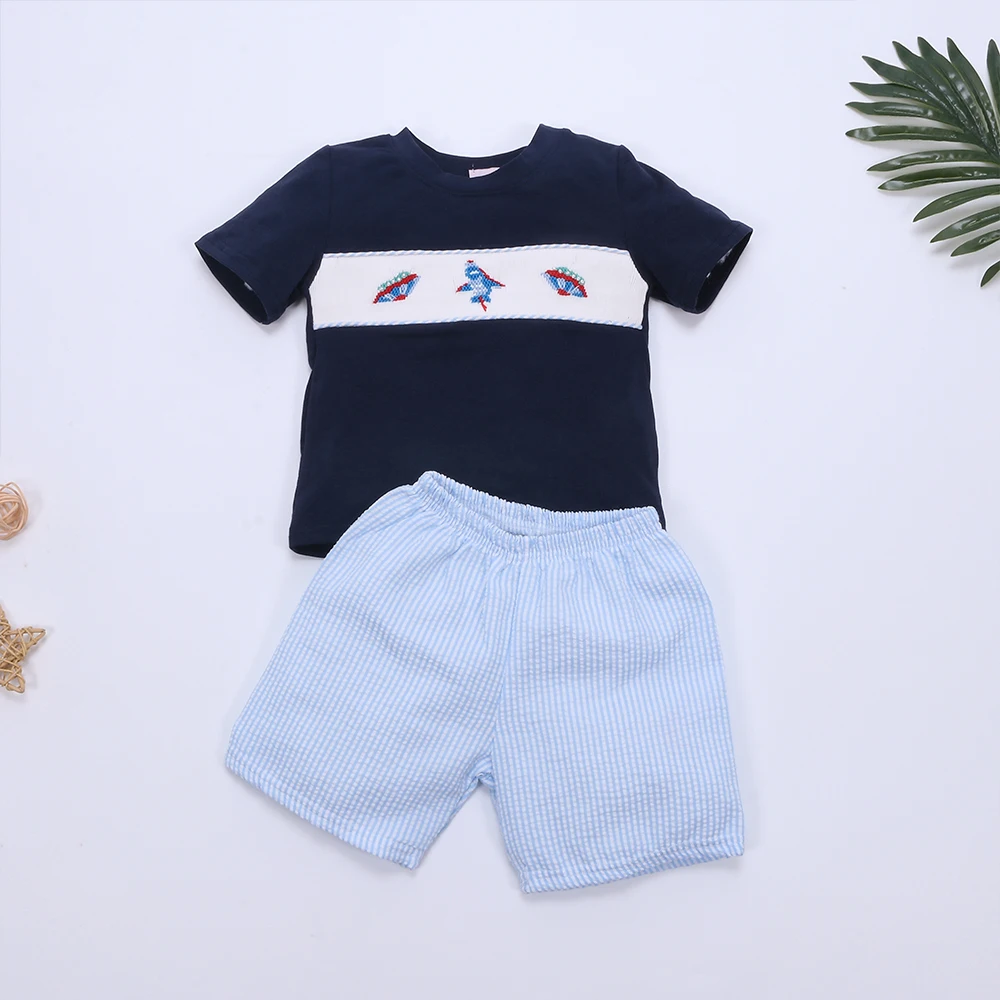 Hand Smock Baby One Piece Cotton Short Sleeved T-shirt Set Airship Pattern Boy Top Clothes And Lattice Shorts Suit Girl Romper