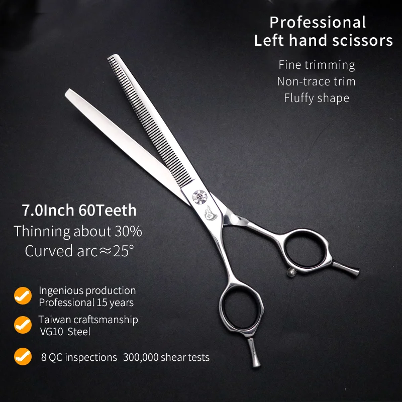 Crane Left Hand 7 Inch VG10 Steel Pet Dog Grooming Scissors Curved Thinner/Chunker Scissors Thinning Shears For Dogs Groomer