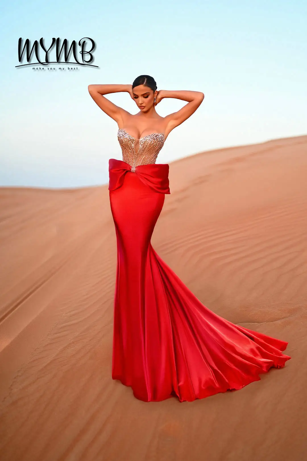 

MYMB Элегантное королевское синее вечернее платье русалки с бисером и кристаллами без бретелек, лиф с бантом на талии, длиной до пола, атласные платья MB40401