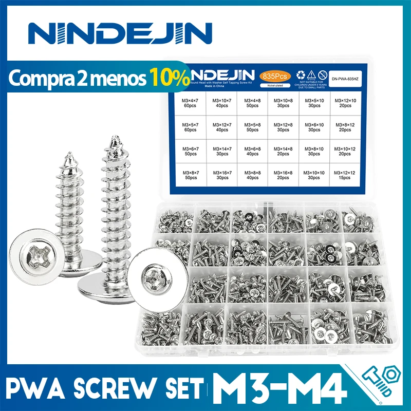 Nindejin cruz recesse redonda arruela cabeça parafuso conjunto de aço carbono m3 m3.5 m4 pwa phillips auto rosqueamento parafuso variedade kit