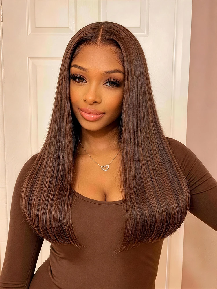 Parrucca Lace Frontale 100% Capelli Umani 13x4 Glueless Pizzo Trasparente Pre-Tagliato da Orecchio a Orecchio Capelli Lisci Marrone Cioccolato 18-26 Pollici Leggero Traspirante Regolabile per Donne