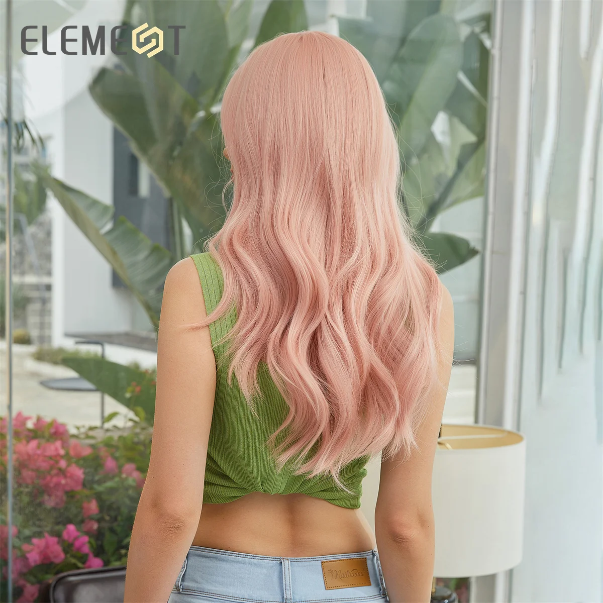 Element-peluca sintética rizada de cuerpo largo con flequillo para mujer, pomelo, cabello rosa, fiesta diaria, Cosplay, resistente al calor