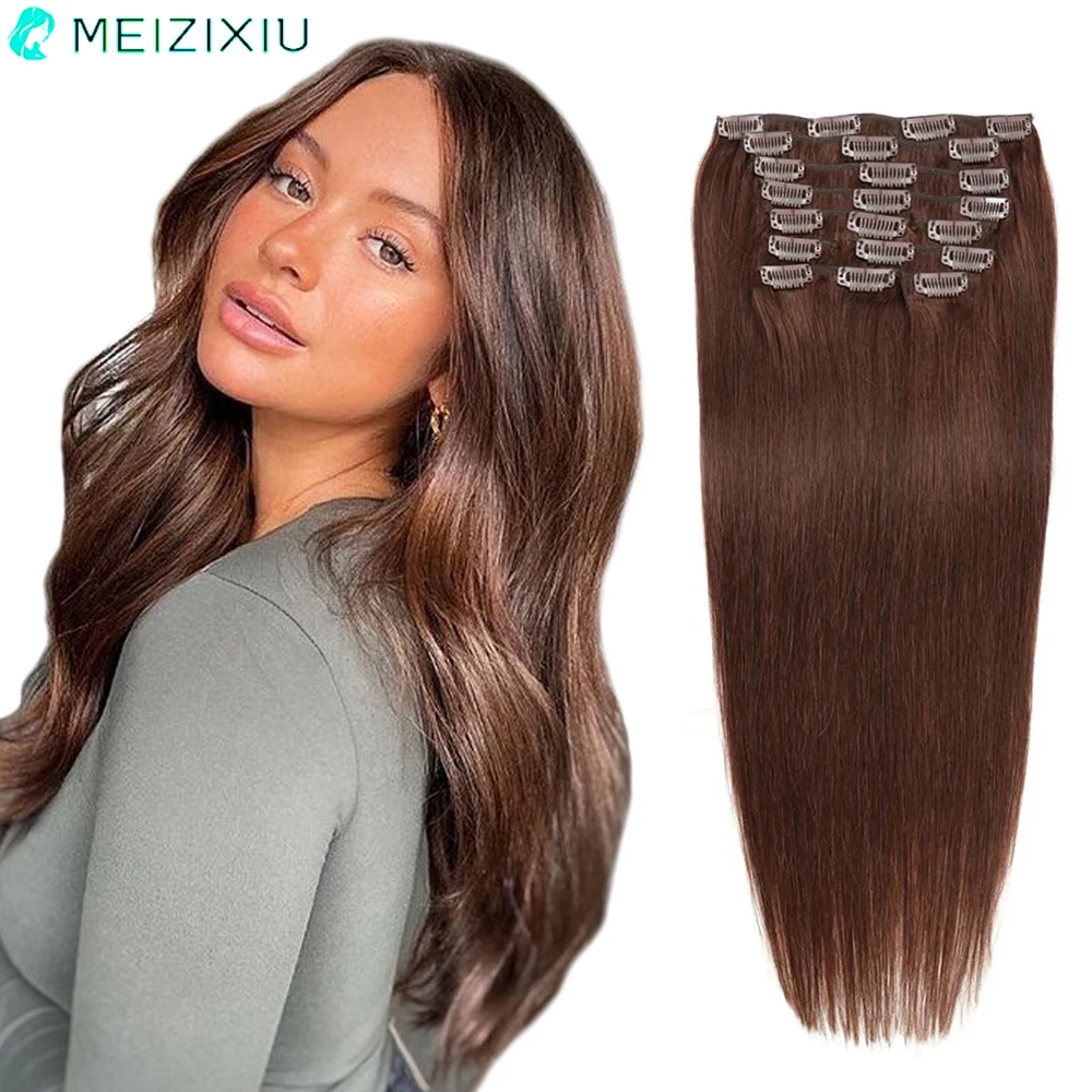 Extensiones de Cabello con Clip para mujer, postizo de doble trama, 100% Remy, color marrón, 16 a 24 pulgadas