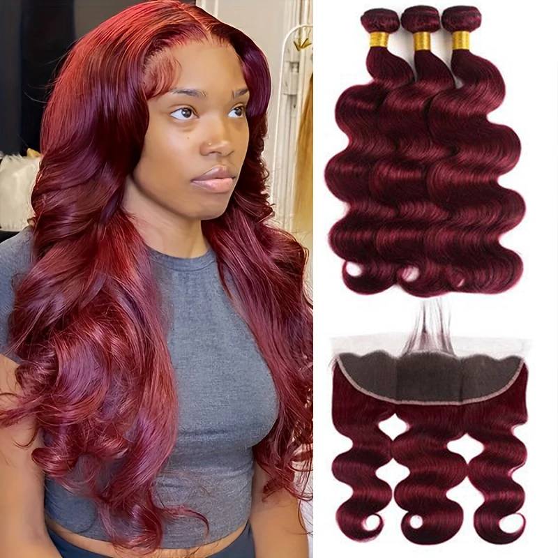 

99J Burgundy Body Wave Bundle With Frontal Ombre Red Colored 2/3/4 Bundles With 13x4 Closure Frontal Brazilian Human Hair Weave