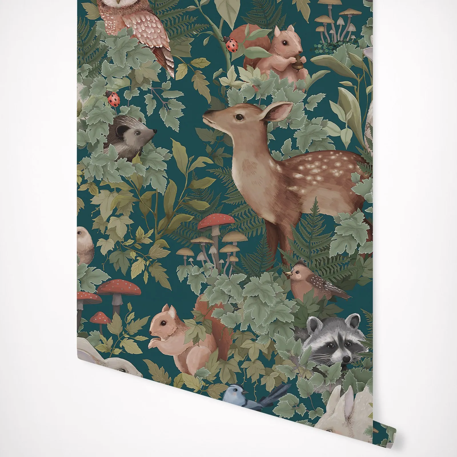 Peel and Stick Wall Sticker, Whimsical Nursery Wallpaper Woodland Teal, Magic wonderland Wallpaper in the woods in Teal Back