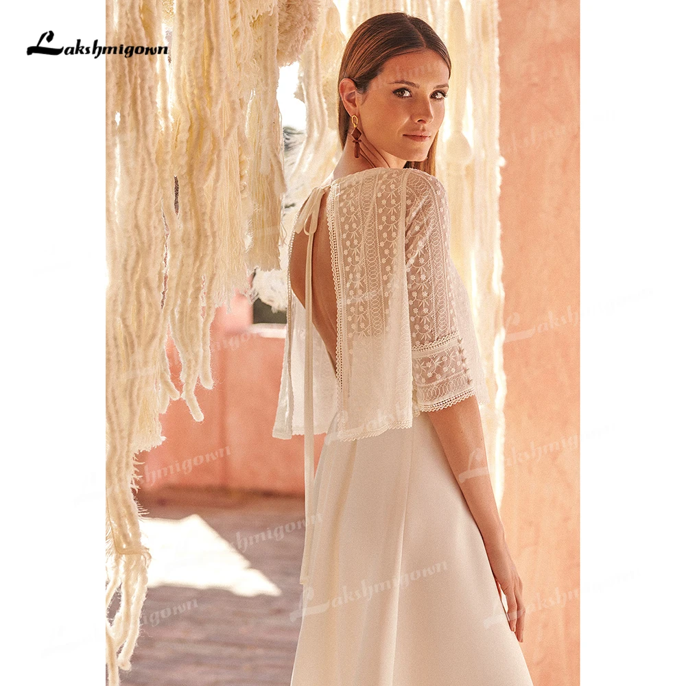 Boho Halter manica corta con cappuccio Sexy aperto sul retro in pizzo Top in Chiffon A Line abito da sposa per le donne abito da sposa robe de