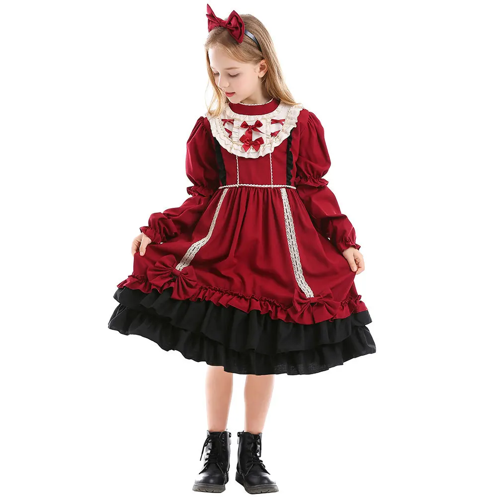 Girls Red Lolita Princess Dress Kawaii Long Sleeve Ball Gown Dress with Cute Headgear Kids Girls Birthday Party Outfits Vestidos