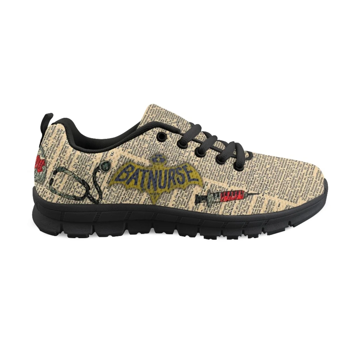 INSTANTARTS Old Newspaper Nurse Design Flat Shoes for Women Wear-Resistant Running Sneakers Ladies Nurse Shoes Casual Zapatos