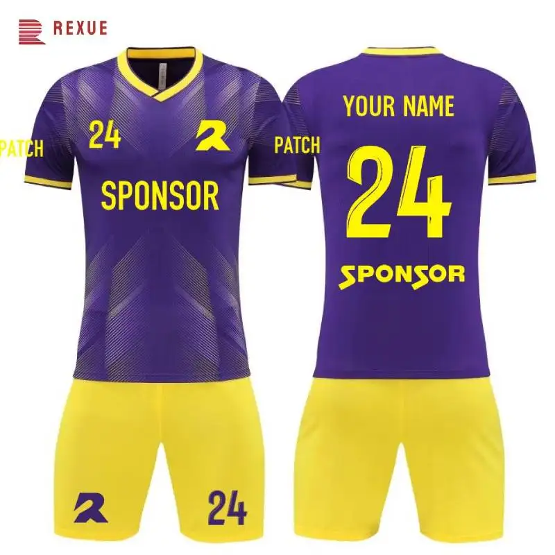 

Football Clothes Team Uniform Men Kid Football Jersey Set 2 Pcs Purple Yellow Customize Logo Patchwork Outdoor Sport Training Se