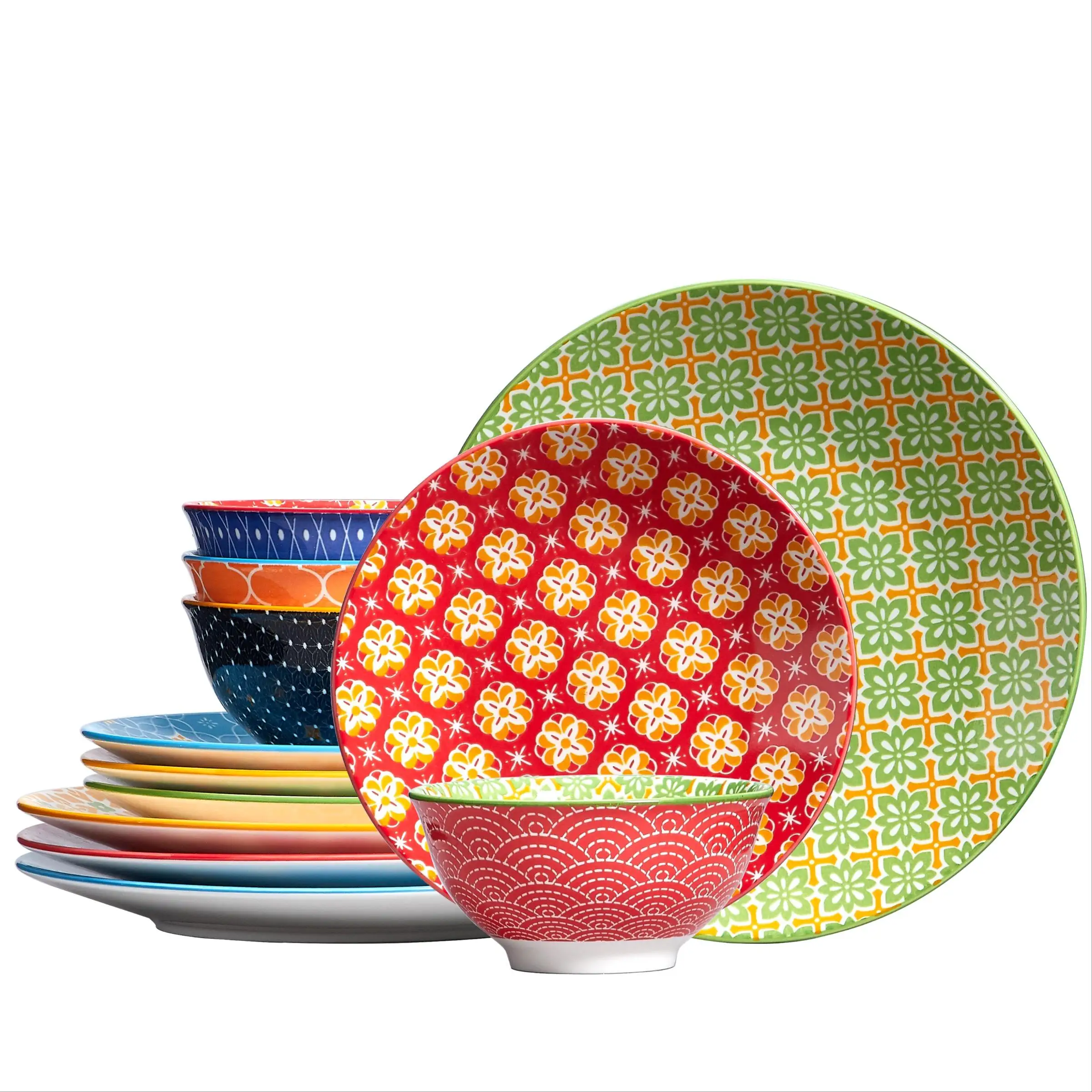 

12 шт., керамическая посуда с цветным принтом (6 стилей, смешанные), устойчивая к царапинам керамическая микроволновая печь, безопасная посудомоечная машина