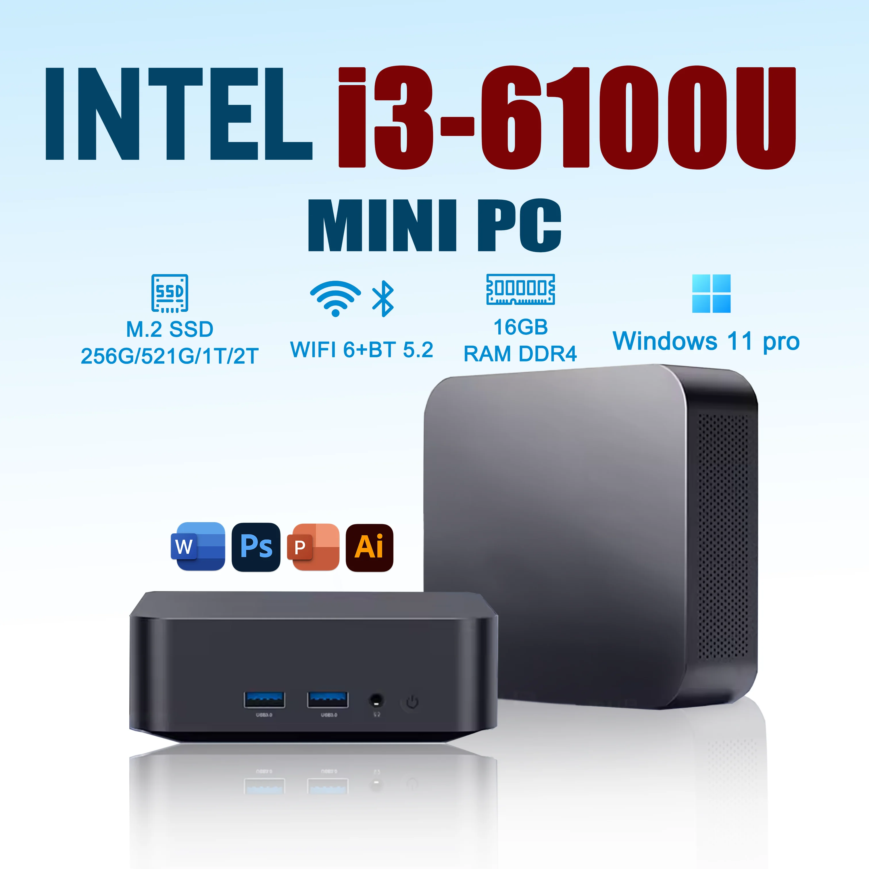 Mini PC de Escritorio Wifi 6 Tipo C 4K HD, Intel Core i3 6100U, 16GB RAM, 512GB SSD, Windows 11 Pro, Mini Computadora