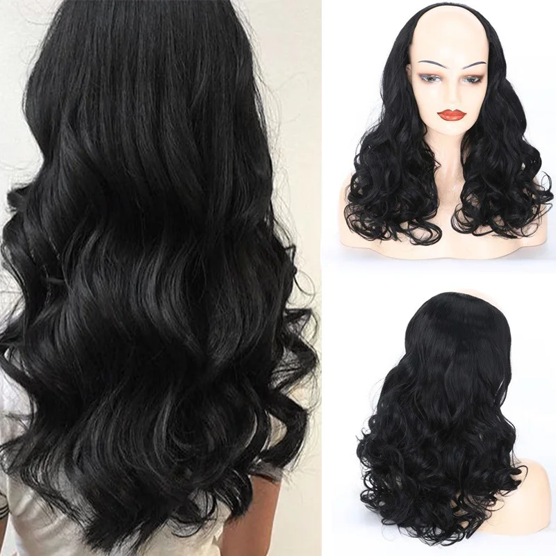 

Synthetic Half and Half U Part Curly Wig With Clips Long Natural Daily Use Wavy Black Hair Extension Invisible Half False Wig