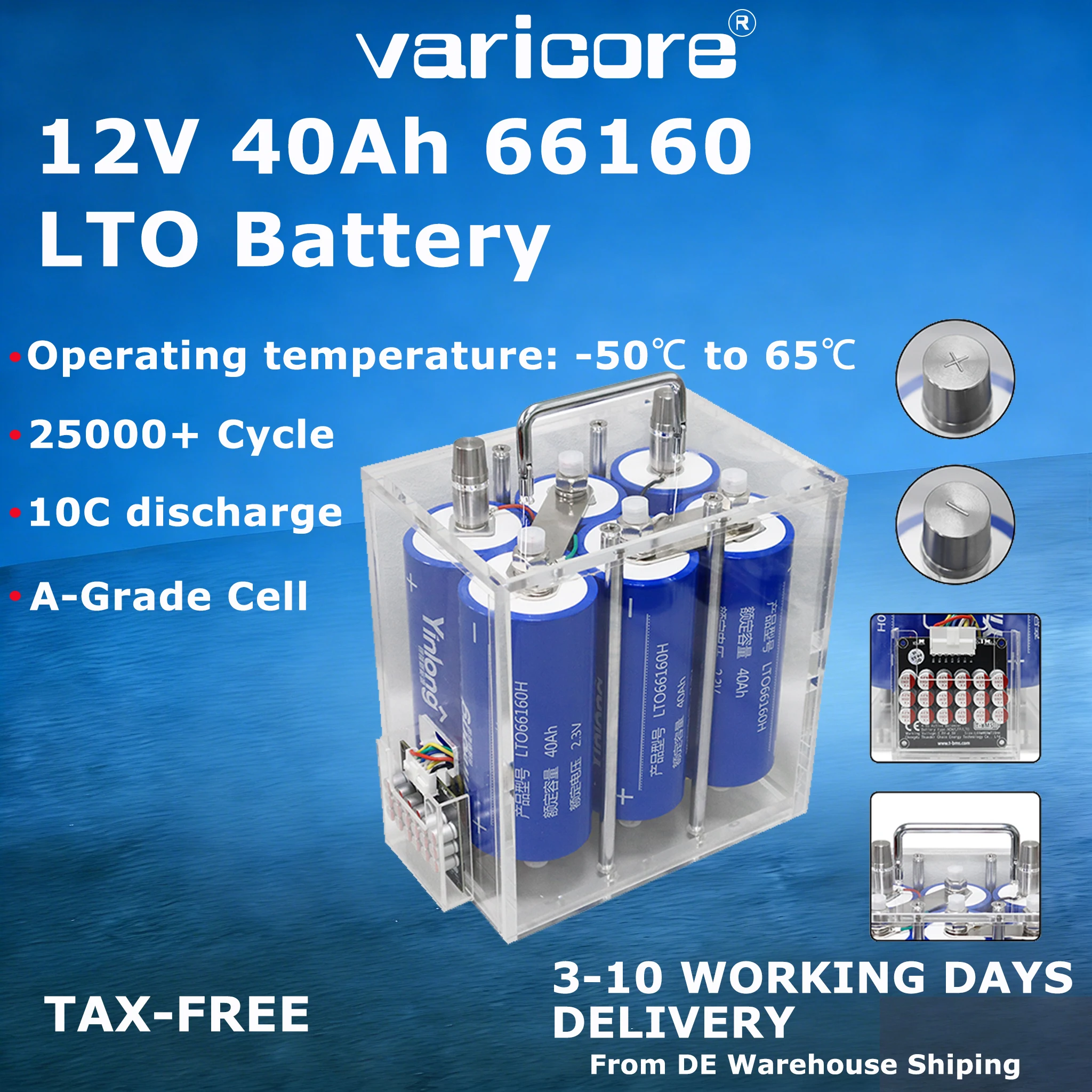 Varicore 12V 40Ah 45Ah LTO66160 Lithium-Titanaat Accu, YinLong, 10C Hoog Vermogen, Ingebouwd Balansbord, voor Auto Audio